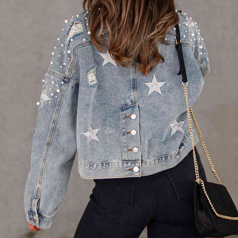 'Marlowe' Distressed Pearl Crop Jacket - Celes Fashion